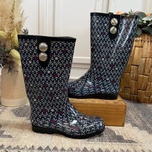 Nomad Women’s Nautical Navy Rain Boots with White & Red Anchor Print Size 10